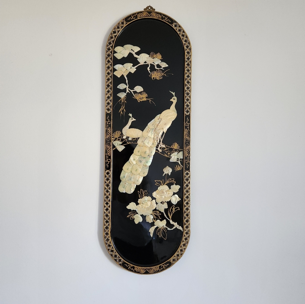 Vintage Oriental Black Lacquer Mother of Pearl Wall Art
